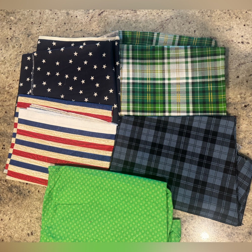 Fabric bundle - 5 cotton fabrics , American flag, st Patrick’s day, blue plaid